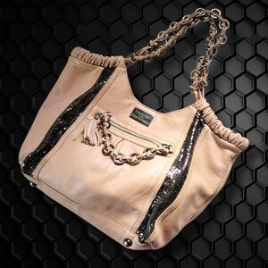 Bebe | Large Sassy Y2K Pink/Tan Soft Leather Chainmail Accent Hobo Shoulder Bag